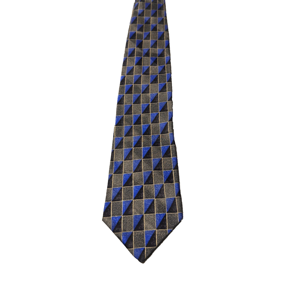 Ermenegildo Zegna Neck Tie Mens Blue Black Slik Geometric Triangle Checkered - Picture 4 of 8